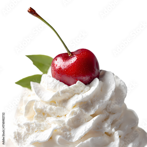 Cherry on top of whipped cream isolated on transparent background