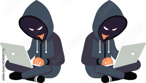 Digital Shadows: Two hooded figures hunched over laptops, navigating the dark web, as a chilling portrayal of digital crime. Capturing a sense of mystery and danger.