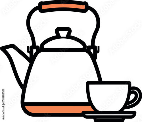 A white teapot and teacup set ready for a relaxing tea break.