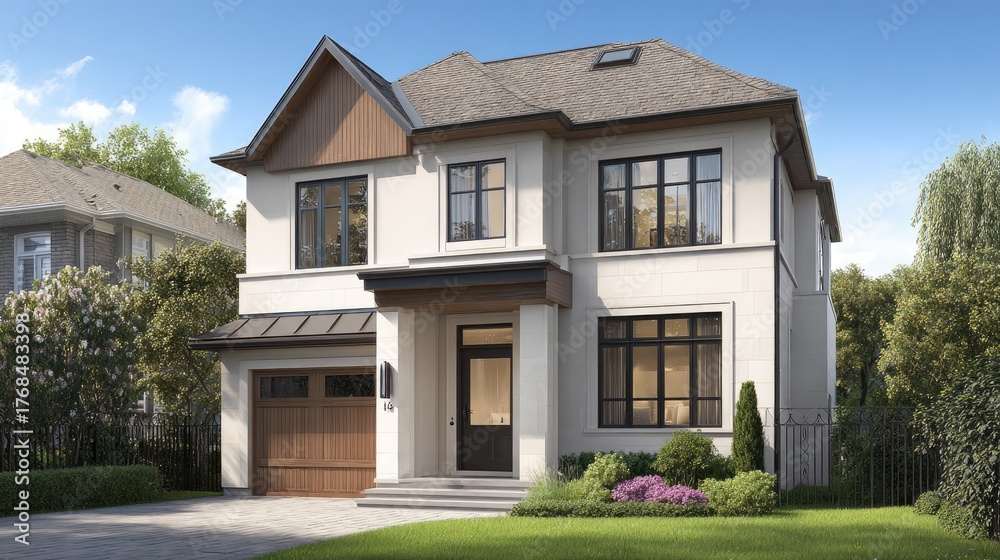 Fototapeta premium Two-story, light beige house with a brown garage door.