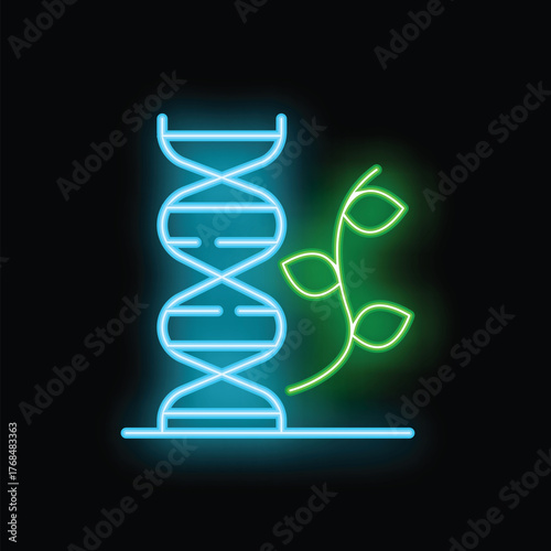 Glowing neon icon representing the concept of genetically modified organisms with dna and plant