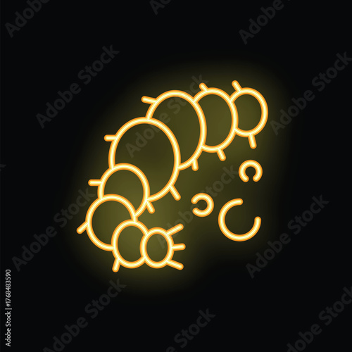Yellow neon icon of a caterpillar crawling on a black background