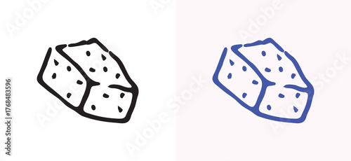 A hand-drawn icon of a sugar cube in a minimalist line art style. This clean and simple design is ideal for sweetener or beverage-related products. A stylish addition to food packaging or branding.