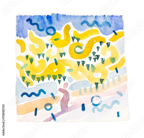 Fotografie Abstract watercolor painting of yellow flowering tree, sea coast