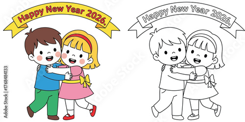 Cute Cartoon Kids Embracing for Happy New Year 2026 Celebration - Joyful Friendship and Festive Banner