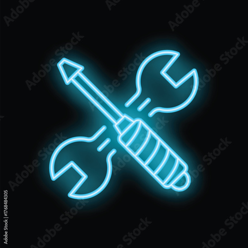 Bright blue neon screwdriver and wrench crossed over black background representing construction and repair
