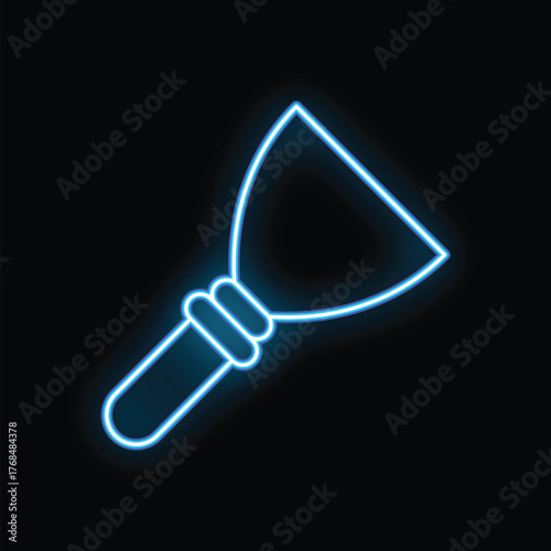 Blue neon icon of a putty knife glowing on a black background