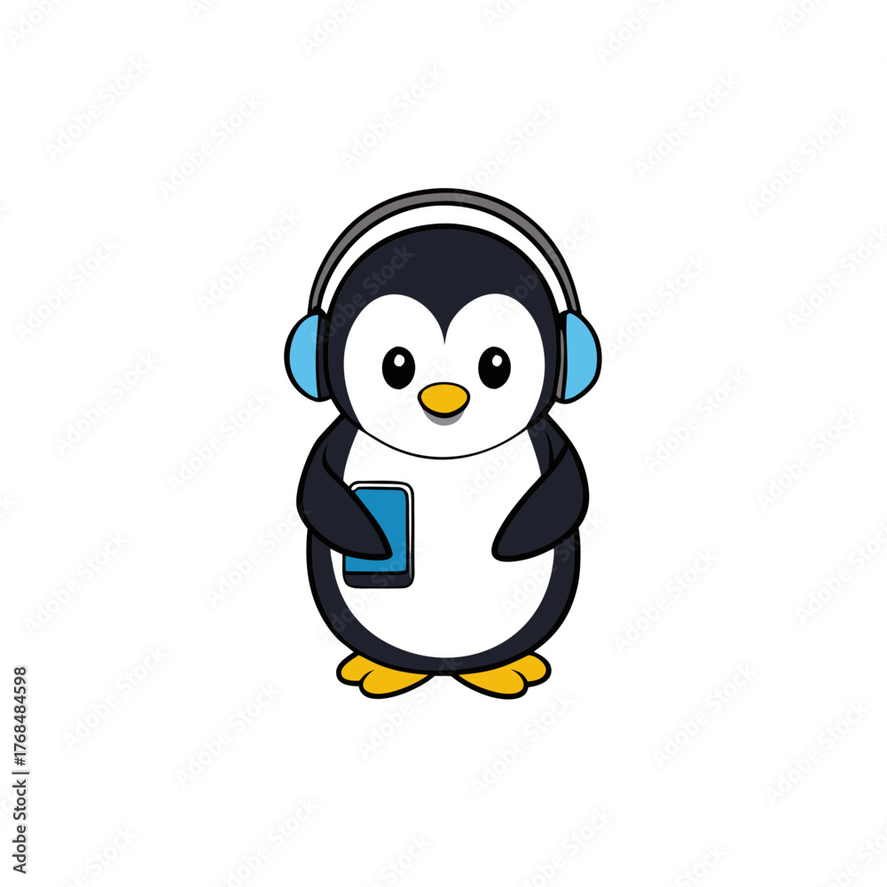 Obraz premium Cute cartoon penguin wearing headphones and holding a smartphone isolated on white background silhouette