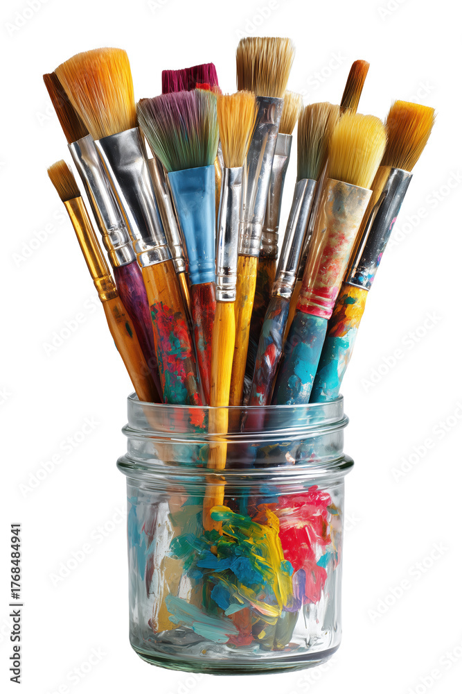 Fototapeta premium Colorful artist paintbrushes in a glass jar cut out