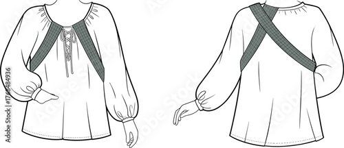 Fashion blouse technical sketch, lace-up neckline, voluminous sleeves, crossed back straps, garment construction detail, front and back views, cad drawing flat vector illustration