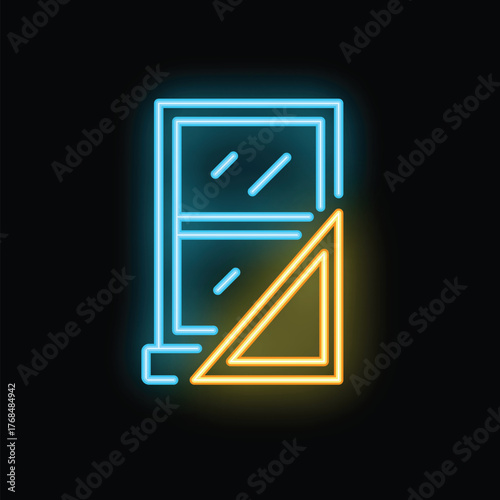 Neon sign of a window with a squeegee cleaning it on a black background