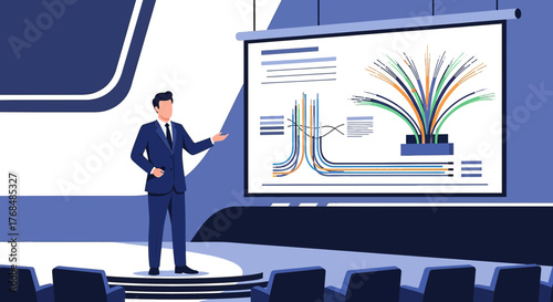 Professional presentation by a businessman standing on stage with abstract data graphics