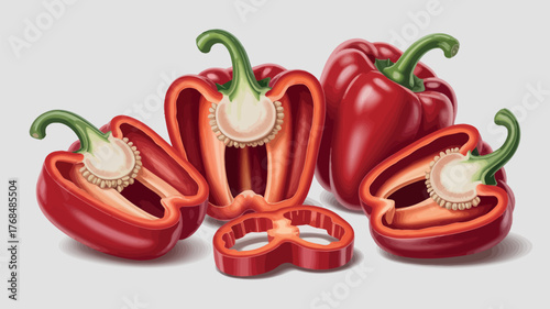 Fresh red bell peppers halved and sliced on a light background