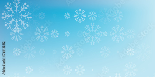Random falling snow flakes wallpaper. Snowfall dust freeze granules. Snowfall sky white teal blue background. Many snowflakes february vector. Snow nature scenery.