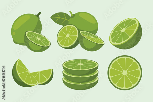 Fresh green limes whole sliced and halved for healthy food and drink