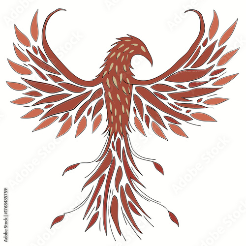 Stylized phoenix bird illustration with leaf like patterns and brown