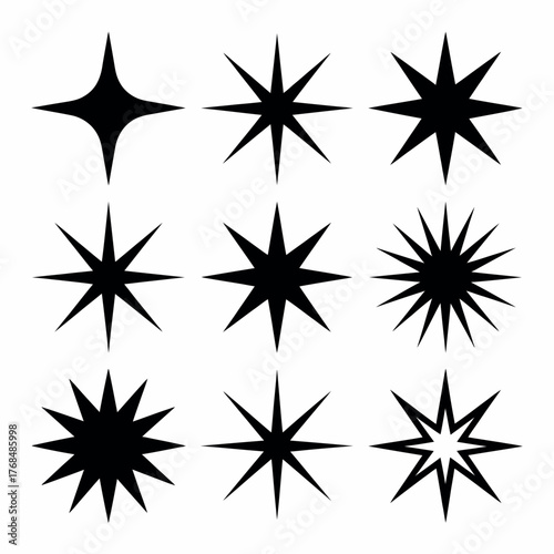Collection of nine black starburst and sparkle icons on white background