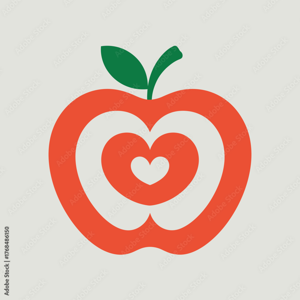 Fototapeta premium Red apple with concentric hearts and green leaf on light background