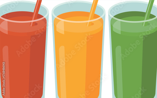 Three tall glasses filled with colorful healthy juices and straws