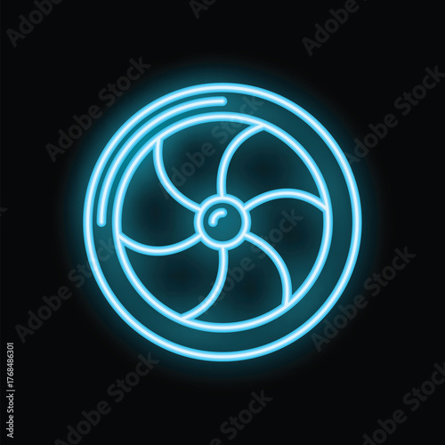 Neon blue icon of fan blades rotating fast, representing cooling technology and ventilation systems