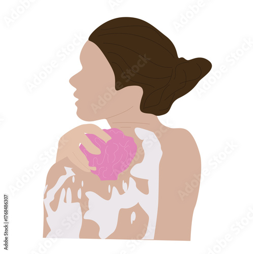 woman scrubbing her body while bathing. woman washing body shower gel