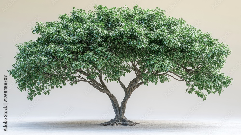 Obraz premium A tall tree with lush leaves stands gracefully, evoking calm against a plain backdrop