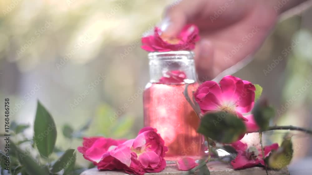 Rose water or Gulab jal or Gulab ka pani or Rosa water in a bottle on wooden surface with rose petals.