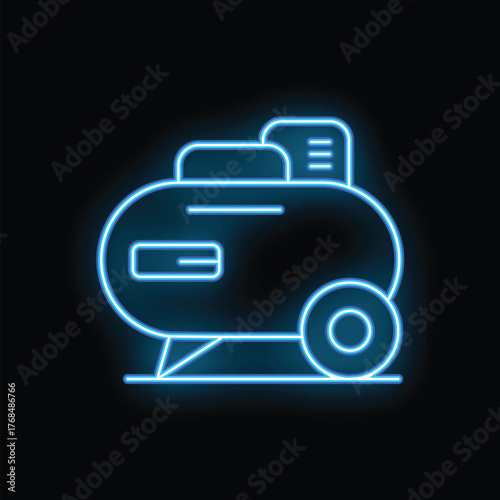 Blue neon sign of an air compressor glowing on black background