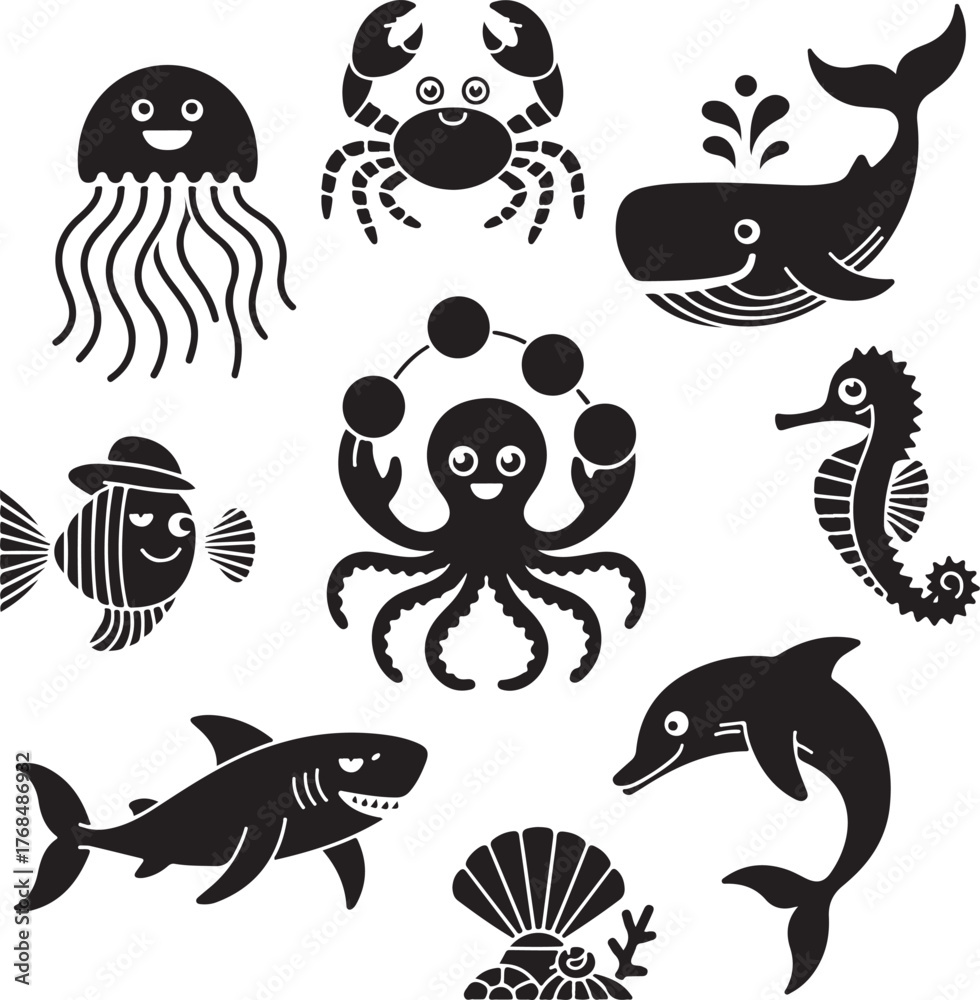 Fototapeta premium Black and white cartoon sea creatures and ocean life jellyfish crab