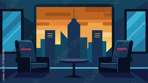 Modern minimalist lounge area with city skyline view at sunset