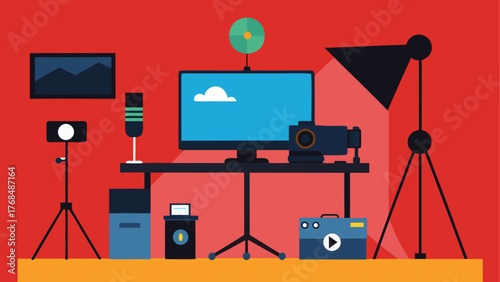 Flat design illustration of a content creator s desk with recording equipment