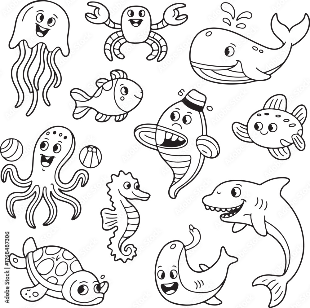 Fototapeta premium Black and white cartoon sea creatures with happy expressions jellyfish crab