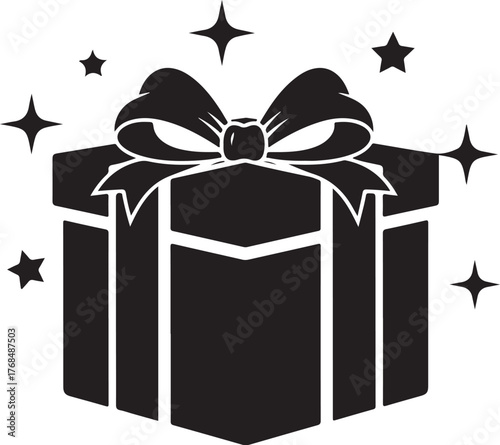 A black silhouette of a gift box with a bow and stars, isolated on a