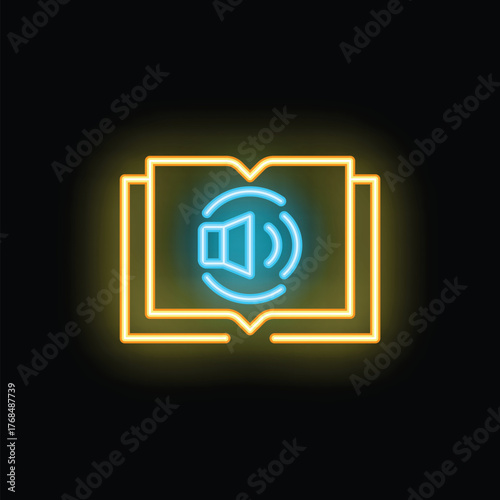 Neon icon of an audiobook represented by an open book with sound waves coming from it