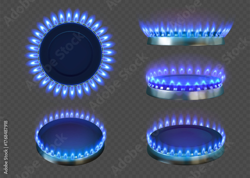 Gas flame. Stove fire burner, blue cook oven top and side view. Natural energy effect, kitchen cooker hob ring. Light glow, oven ignition mockup, propane butane cooktop. Vector realistic set
