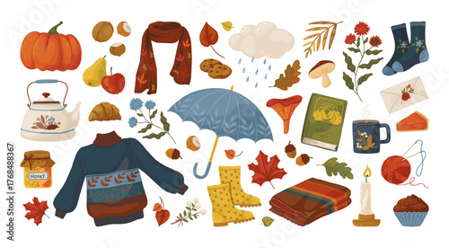 Autumn elements. Cozy fall clothes, season leaves, knit scarf and sweater, cute doodle leaf. Tea and boots. Decorative objects for design. Vector cartoon flat style isolated stickers set