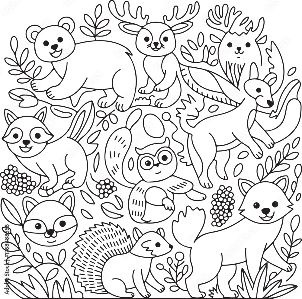 Obraz premium Black and white line art illustration of cute forest animals and plants bear deer