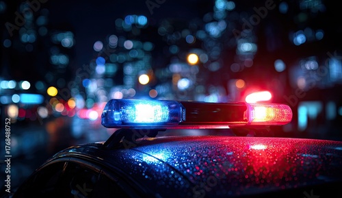 Flashing emergency lights atop a dark car at night