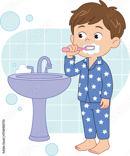 Child, brushing, teeth, bathroom, hygiene, morning, routine, foam, toothbrush, sink, pajamas, bubbles, tile, barefoot, dental, health, cleaning, habit, cartoon, illustration