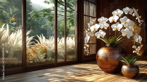 Sunlight shines through windows, illuminating elegant orchids as nature unfolds outside