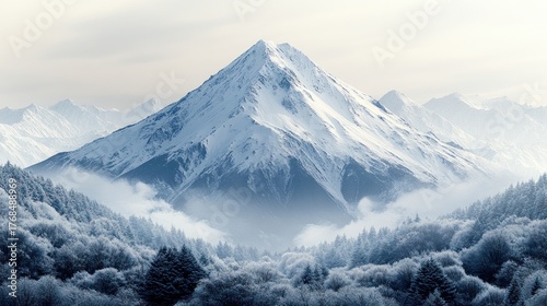 A stunning snowy peak rises above frosty trees, surrounded by misty clouds and soft light