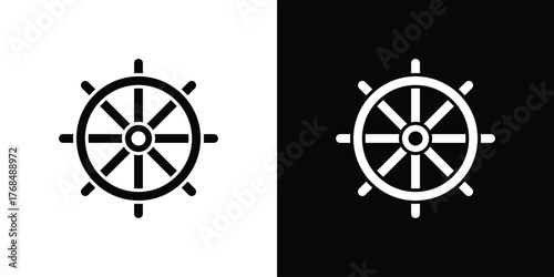 Ship wheel icon in solid silhouette set. Vector Illustration.