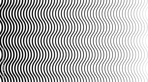 Wavy line pattern with stripe gradation flowing from bold to fine. Abstract halftone background creates smooth gradient rhythm and optical depth. Minimal geometric patern for modern vector wallpaper
