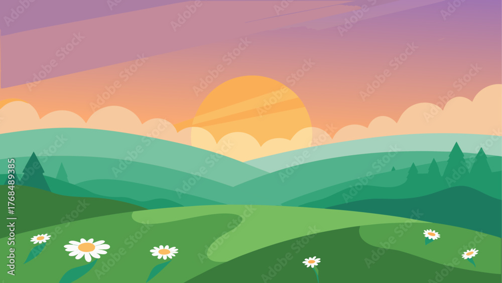 Fototapeta premium Stylized landscape with rolling green hills and daisies at sunrise
