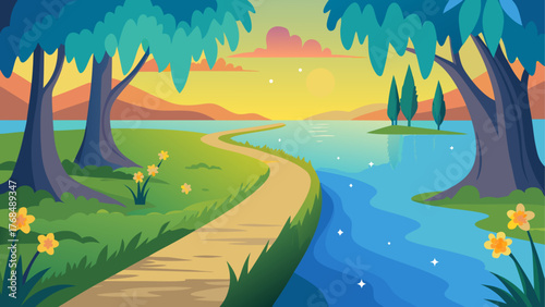 Serene landscape with a winding path along a river at sunset
