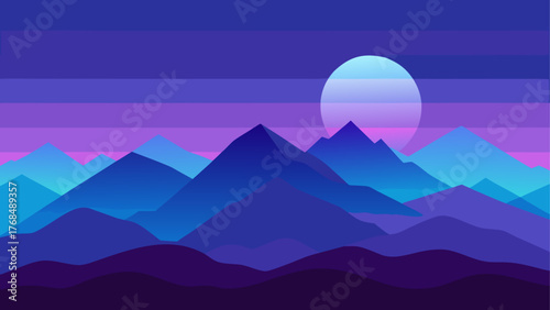 Vibrant geometric mountain range at twilight with a large glowing moon