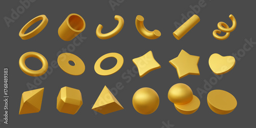 3d gold objects. Golden cube, sphere, star and heart element, metal shape or abstract flying geometric volumetric ring. Realistic triangle, cone digital design isolated vector icon render set