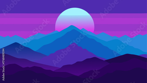 Vibrant purple and blue mountain range landscape with a large glowing sun