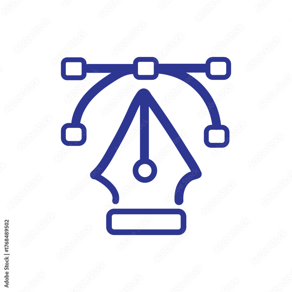 Obraz premium Blue line art icon of a fountain pen nib creating a vector Bezier curve path with anchor points.