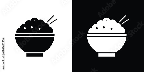 Rice bowl icon in solid silhouette set. Vector Illustration.